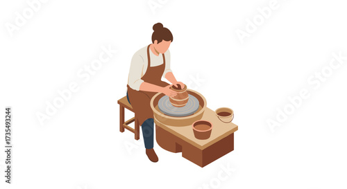 Isometric pottery crafting scene with woman at pottery wheel