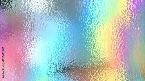 Iridescent holographic rainbow foil background with pastel pearlescent gradient and speckled metal texture vector	