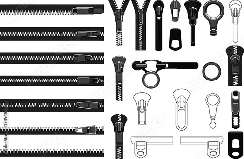 Zipper vector set with teeth variations, sliders, pullers, fastener parts for clothing design, tailoring, sewing patterns, garment repair, fashion accessories, DIY tools
