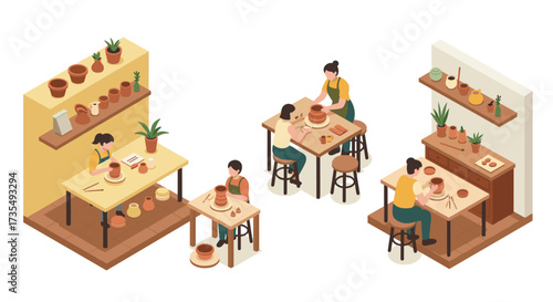 Isometric pottery studio scene with artists engaged in crafting and decorating ceramics