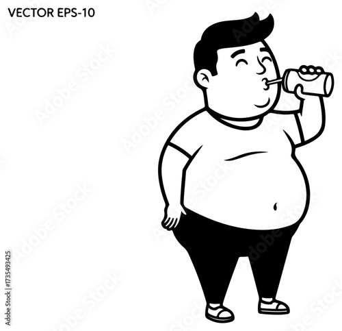 Overweight man drinking from bottle, cartoon illustration