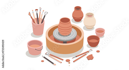 Isometric pottery workshop artisanal tools and clay creations