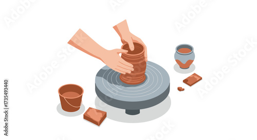 Hands crafting clay pot on pottery wheel in minimalist style