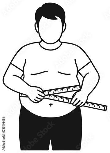Overweight person measuring waistline with measuring tape