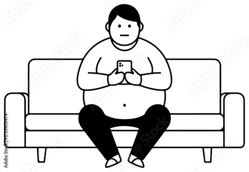 Overweight person sitting on sofa using smartphone, black and white