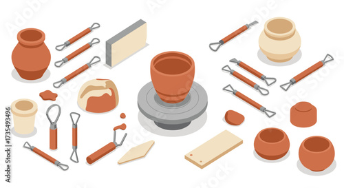 Isometric pottery tools and clay pots on white background