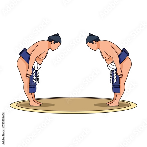 Sumo wrestlers bowing to each other before match on circular ring