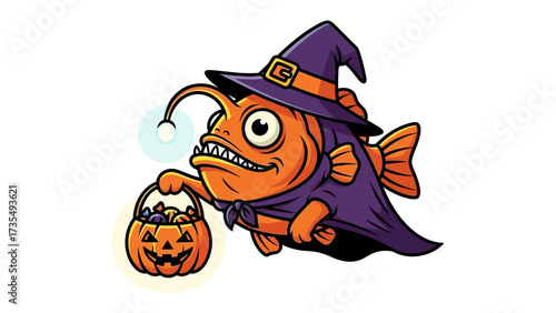 Halloween Fish Celebration: A cartoonish fish in a witch hat, holding a pumpkin basket, offering a spooky Halloween invitation.
