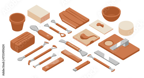 Isometric pottery tools and clay blocks set for ceramics enthusiasts