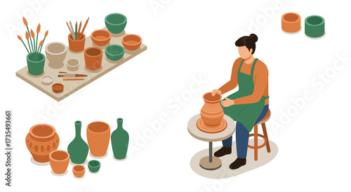 Isometric pottery workshop scene with artisan creating clay vase and various ceramic tools