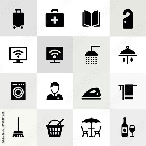 Collection of hotel service icons on a grid background