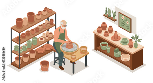 Isometric pottery workshop scene with potter crafting clay on wheel