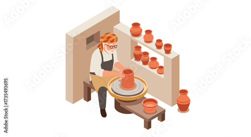 Isometric potter crafting clay vases in studio with shelves