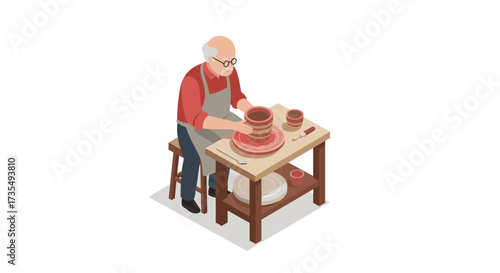 Elderly man crafting pottery on clay wheel in isometric design