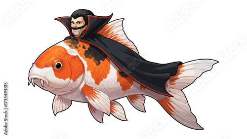 Vampire fish: A whimsical, illustrative scene featuring a vampire perched atop a koi fish, creating a unique juxtaposition of fantasy elements and the natural world.