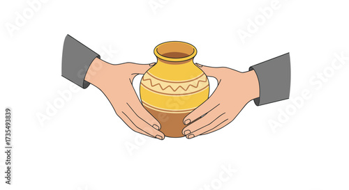 Hands gently holding a ceramic pot in minimalist flat design