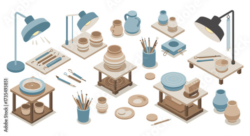 Ceramic craft workshop pottery tools and clay art in isometric style