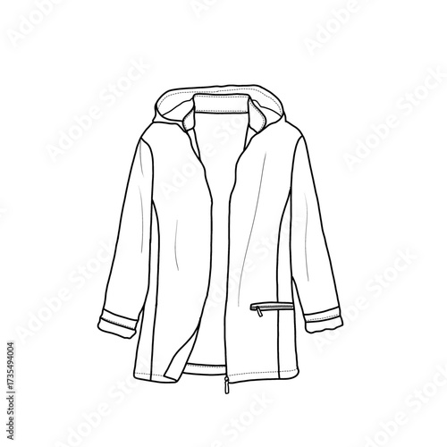 Women’s flannel denim jacket with detachable hood and front pocket. Outerwear jackets, technical fashion illustration. Flat coat template front view.