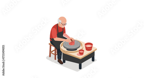 Elderly potter crafting ceramic art in isometric design