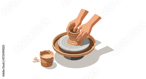 Isometric pottery wheel crafting with hands and clay in contemporary minimalist style