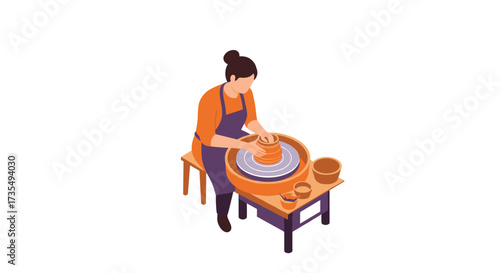 Pottery making isometric view of woman crafting clay on pottery wheel