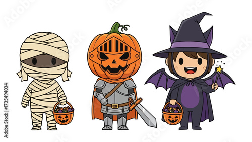 Spooky Trio: Whimsical illustrated characters, a mummy, a jack-o'-lantern knight, and a witch, decked out in Halloween costumes, each carrying a trick-or-treat basket.