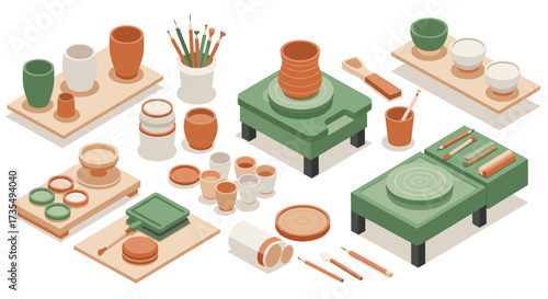 Isometric pottery workshop tools, equipment, and supplies with earthenware colors