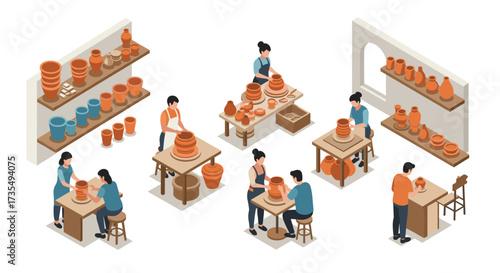 Creative pottery workshop in cozy studio with artisans crafting ceramics in isometric style