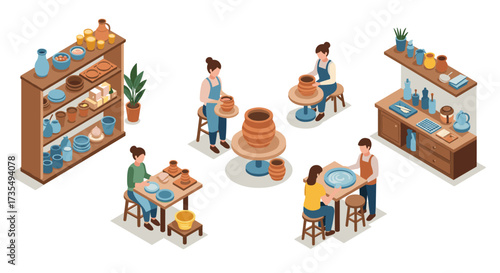 Isometric pottery workshop scene with artisans creating ceramic pieces in studio