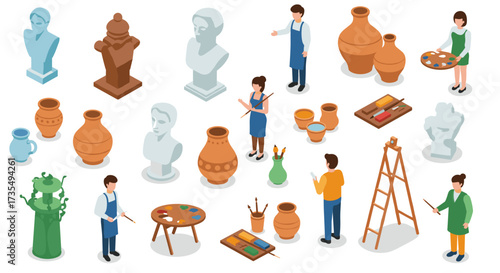 Artisans at work isometric scene of sculptors and pottery artists in a creative studio