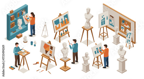 Art studio isometric scene with artists sculpting and painting busts