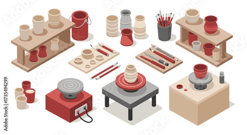 Isometric pottery workshop with clay tools and equipment set