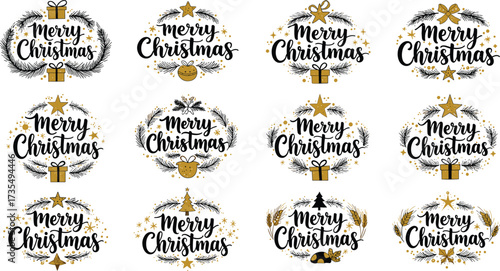 Merry Christmas holiday badge collection, festive typography labels with wreaths, stars, gifts, bows, gingerbread cookies, golden decorative elements for seasonal celebration