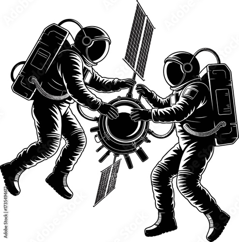 Astronauts Collaborating in Outer Space to Assemble a Complex Satellite Component in a Dynamic and Inspiring Illustration of Futuristic Space Exploration and Scientific Endeavor
