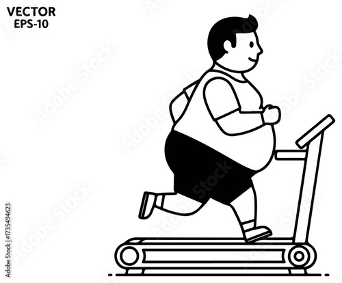 Overweight man running on treadmill, exercising for fitness