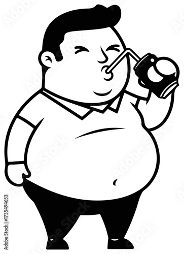 Overweight man drinking soda from a can with straw
