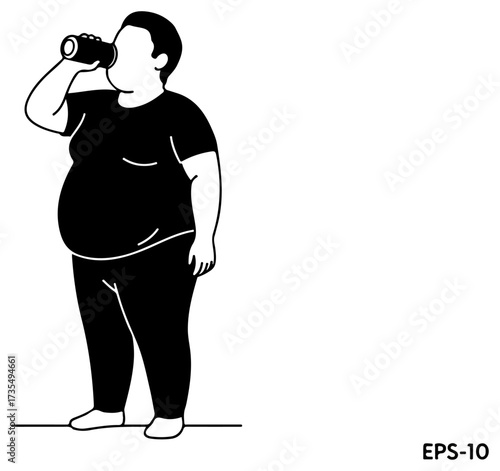Overweight person drinking from can, black and white illustration