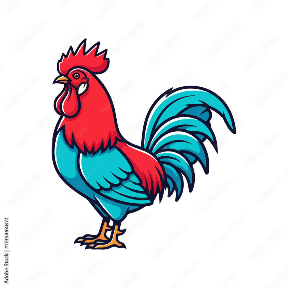 Fototapeta premium Colorful rooster standing upright with red comb and blue feathers