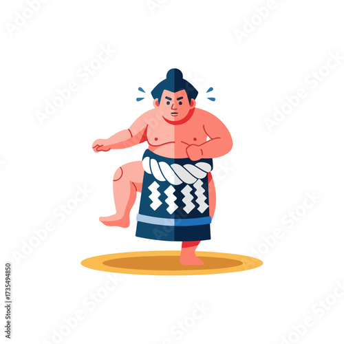 Sumo wrestler practicing stance on a yellow circle, isolated