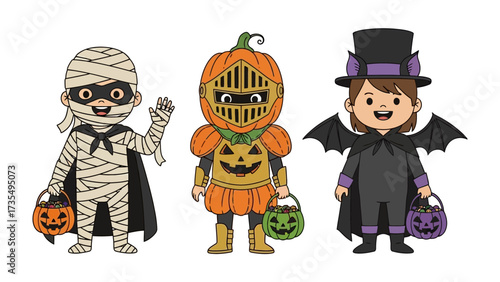 Halloween Delight: A whimsical illustration showcases three children in enchanting costumes, each holding a vibrant pumpkin-shaped treat basket, embodying the spirit of fun and spooky festivities.