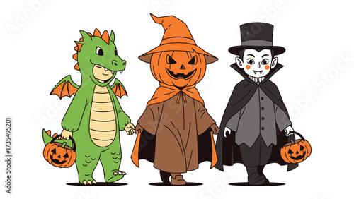 Halloween Costume Trio: a captivating cartoon depiction of Halloween characters holding hands. The trio radiates joy and the anticipation of adventure, embracing the spooky spirit.