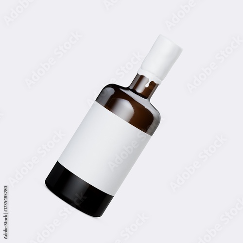 Elegant brown bottle with blank white label perfect for product branding, advertising, or showcasing luxury beverages like spirits and oils
