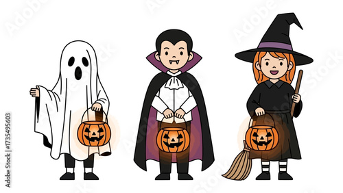 Spooky Trio: A delightful scene captures three children, adorned in classic Halloween costumes – a spectral ghost, a dapper vampire.