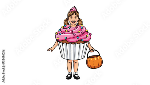 Cupcake Costume for a Smiling Girl: A delighted girl, radiating joy, donned in a creative cupcake costume holding a pumpkin basket, embodies playful sweetness against a simple background. 