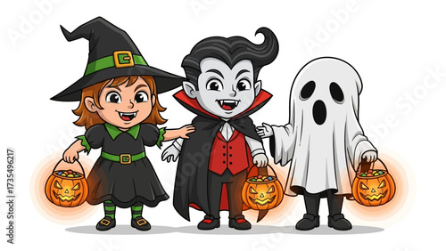 Halloween Trio in Costumes: A playful illustration captures the spooky spirit with a witch, vampire, and ghost ready for trick-or-treating, holding glowing jack-o'-lanterns, against a clean backdrop.