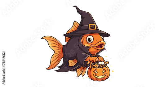 Halloween Fish: An orange goldfish, delightfully dressed in a witch's hat and cloak, joyfully carries a pumpkin filled with treats. A whimsical and fun illustration of Halloween.