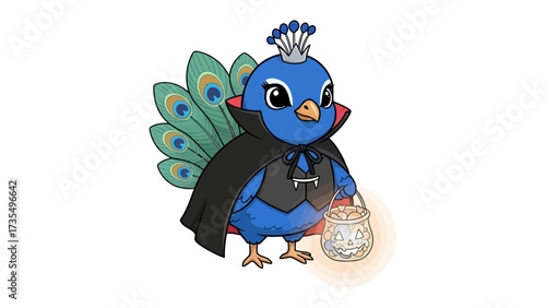 Peacock in a Halloween Costume: A charming peacock is dressed up for Halloween, wearing a vampire cape and holding a glowing jack-o'-lantern bucket, set against a spooky Halloween scene.