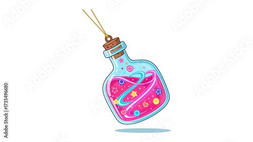 Potion of Mystery: An eye-catching illustration of a swirling pink potion bottled and suspended. Magical and mystical!
