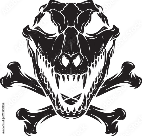 A black and white illustration of a dinosaur skull with crossbones, perfect for edgy designs, tattoos, or adventurous themes, conveying danger and power