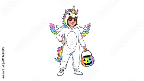 Enchanted Unicorn: A girl dressed as an enchanting unicorn stands proudly, exuding magic. The whimsical Halloween scene is perfect for capturing the joy and imagination of the holiday.